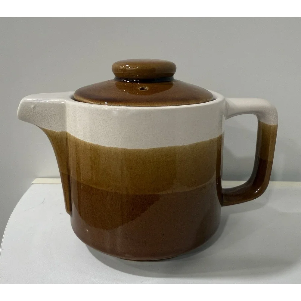 Vintage Pottery Tea Pot Creamer Tan Brown Specked Glaze with Lid Made in Japan